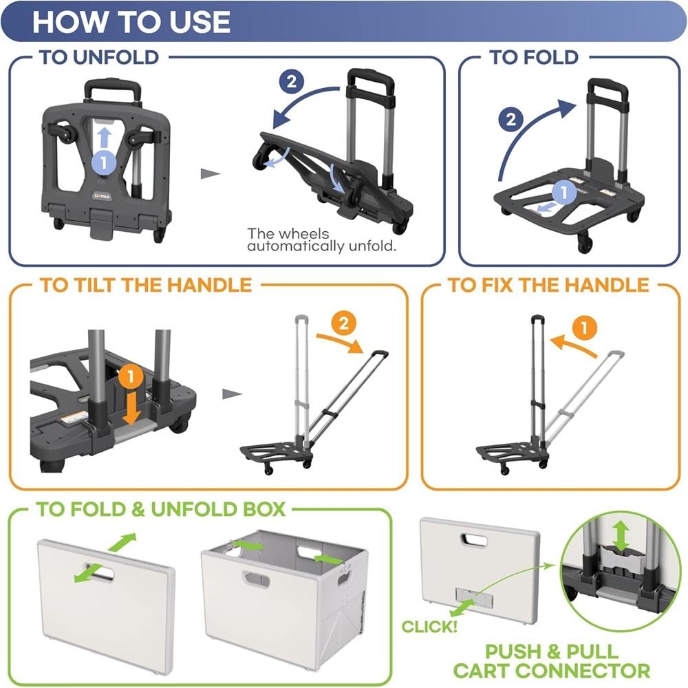 QFold Foldable Cart, Rolling Crate | Set of Folding Hand Truck and Collapsible Bin, Tiltable Handle